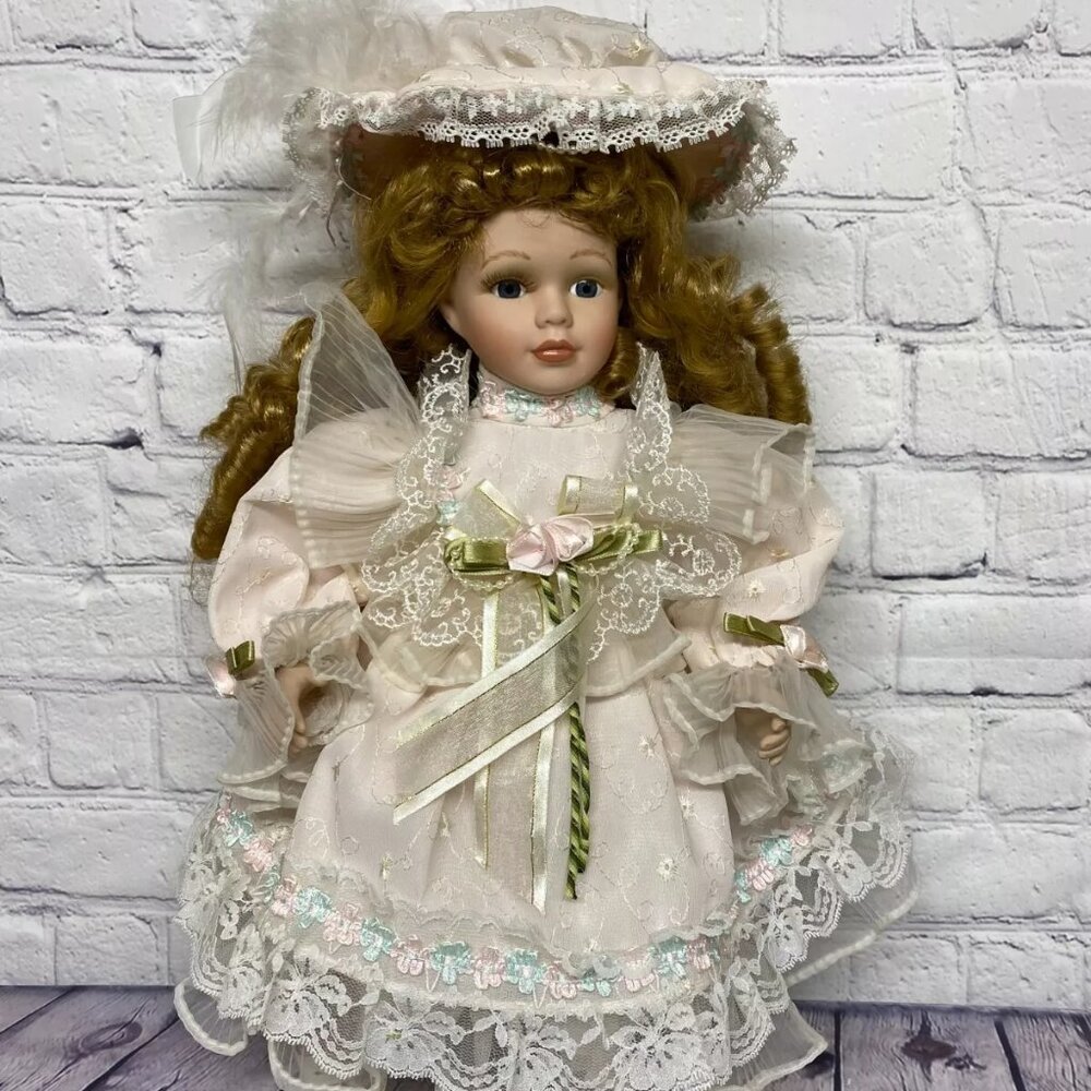 Cathay Collection 1-5000 Porcelain Doll Curly Blonde Hair 16" - Missing Eyelash
